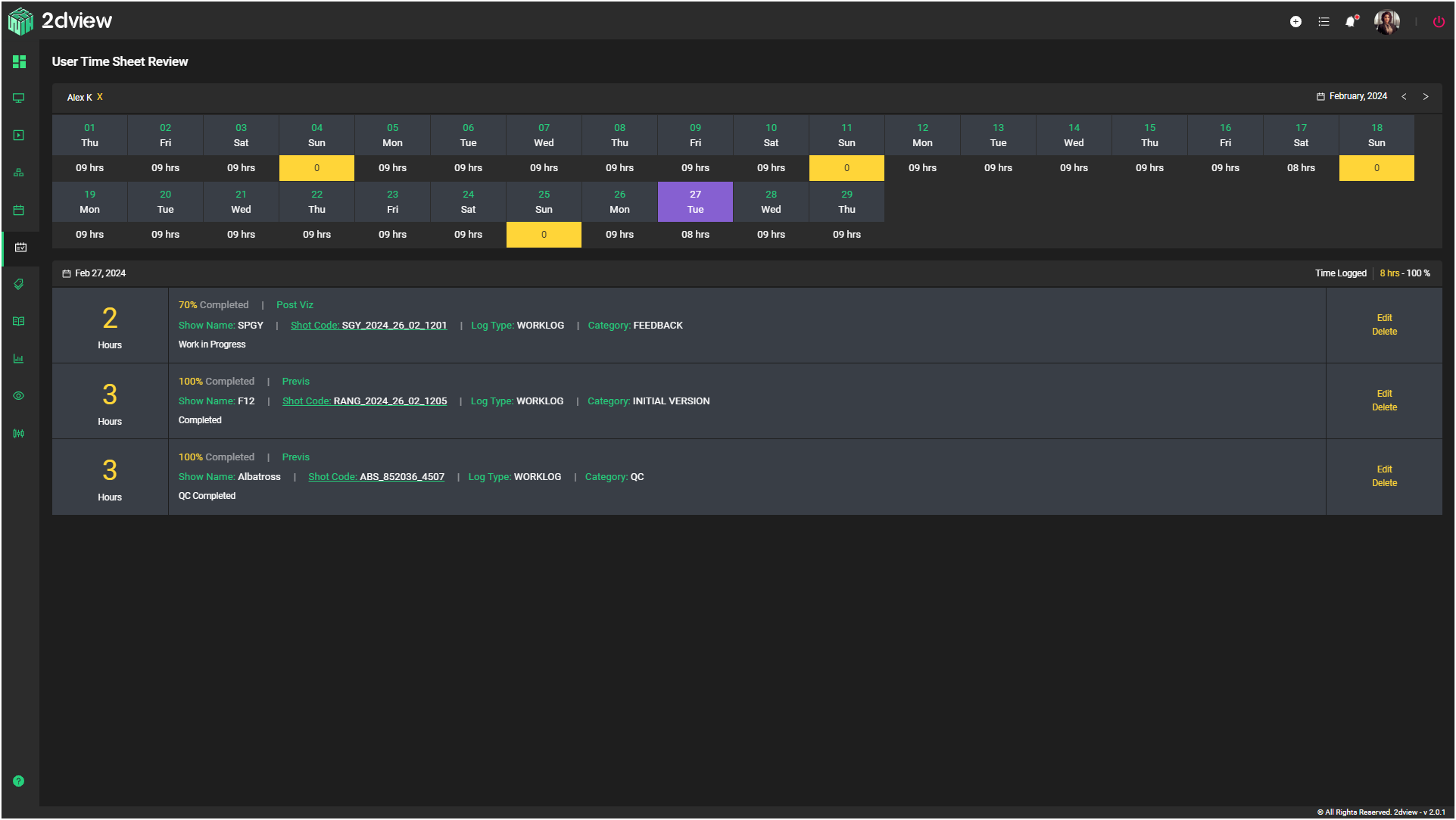 user time sheet review user selection | 2dview